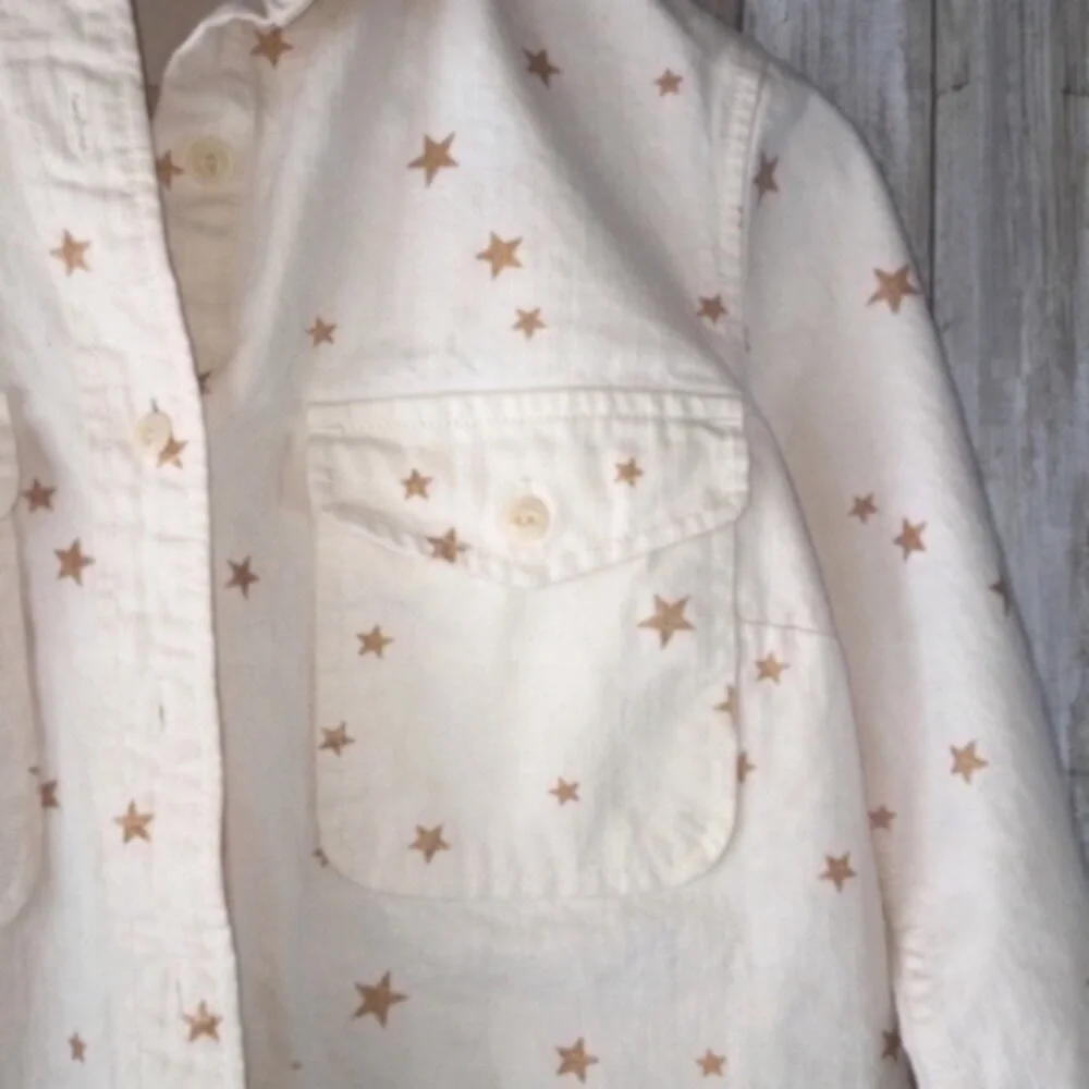 J.Crew Star Print Button Down XS Cream Gold Collared Cotton Blouse Casual Preppy